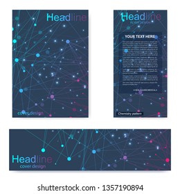 Set flyer, brochure size A4 template,banner. Molecular structure with connected lines and dots. Scientific pattern atom DNA with elements for magazine, leaflet, cover, poster design