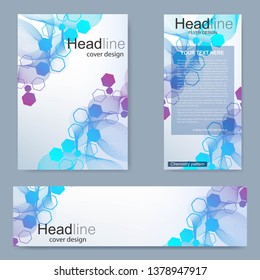 Set flyer, brochure size A4 template,banner. Molecular structure with connected lines and dots. Scientific pattern atom DNA with elements for magazine, leaflet, cover, poster design