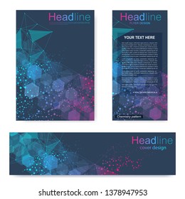 Set flyer, brochure size A4 template,banner. Molecular structure with connected lines and dots. Scientific pattern atom DNA with elements for magazine, leaflet, cover, poster design