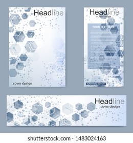 Set flyer, brochure size A4 template,banner. Molecular structure with connected lines and dots. Scientific pattern atom DNA with elements for magazine, leaflet, cover, poster design.
