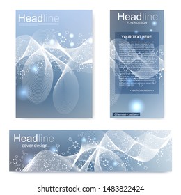 Set flyer, brochure size A4 template,banner. Molecular structure with connected lines and dots. Scientific pattern atom DNA with elements for magazine, leaflet, cover, poster design.