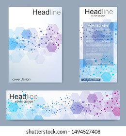 Set flyer, brochure size A4 template,banner. Molecular structure with connected lines and dots. Scientific pattern atom DNA with elements for magazine, leaflet, cover, poster design.