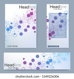 Set flyer, brochure size A4 template,banner. Molecular structure with connected lines and dots. Scientific pattern atom DNA with elements for magazine, leaflet, cover, poster design.