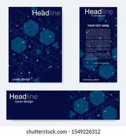 Set flyer, brochure size A4 template,banner. Molecular structure with connected lines and dots. Scientific pattern atom DNA with elements for magazine, leaflet, cover, poster design.