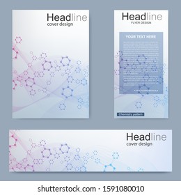Set flyer, brochure size A4 template,banner. Molecular structure with connected lines and dots. Scientific pattern atom DNA with elements for magazine, leaflet, cover, poster design.
