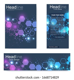 Set flyer, brochure size A4 template,banner. Molecular structure with connected lines and dots. Scientific pattern atom DNA with elements for magazine, leaflet, cover, poster design.