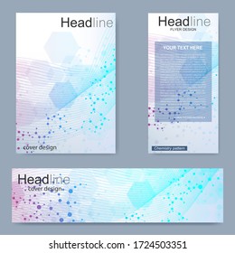 Set flyer, brochure size A4 template,banner. Molecular structure with connected lines and dots. Scientific pattern atom DNA with elements for magazine, leaflet, cover, poster design.