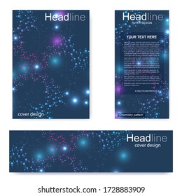 Set Flyer, Broschüre Größe A4 Vorlage, Banner. Molekulare Struktur mit verbundenen Linien und Punkten. Wissenschaftliches Muster AtomDNA mit Elementen für Magazin, Broschüre, Cover, Plakatdesign.