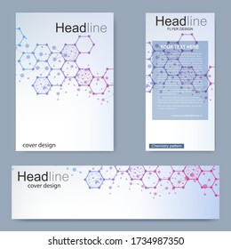 Set flyer, brochure size A4 template,banner. Molecular structure with connected lines and dots. Scientific pattern atom DNA with elements for magazine, leaflet, cover, poster design.