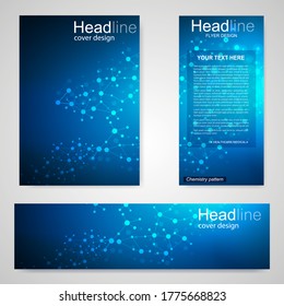 Set flyer, brochure size A4 template,banner. Molecular structure with connected lines and dots. Scientific pattern atom DNA with elements for magazine, leaflet, cover, poster design.