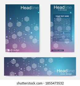 Set flyer, brochure size A4 template,banner. Molecular structure with connected lines and dots. Scientific pattern atom DNA with elements for magazine, leaflet, cover, poster design.