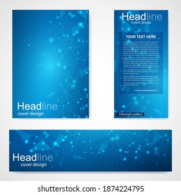 Set flyer, brochure size A4 template,banner. Molecular structure with connected lines and dots. Scientific pattern atom DNA with elements for magazine, leaflet, cover, poster design.