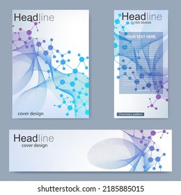 Set flyer, brochure size A4 template,banner. Molecular structure with connected lines and dots. Scientific pattern atom DNA with elements for magazine, leaflet, cover, poster design.