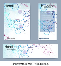 Set flyer, brochure size A4 template,banner. Molecular structure with connected lines and dots. Scientific pattern atom DNA with elements for magazine, leaflet, cover, poster design.