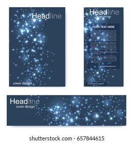 Set flyer, brochure size A4 template,banner. Molecular structure with connected lines and dots. Scientific pattern atom DNA with elements for magazine, leaflet, cover, poster design