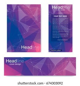 Set flyer, brochure size A4 template,banner. Molecular structure with connected lines and dots. Scientific pattern atom DNA with elements for magazine, leaflet, cover, poster design