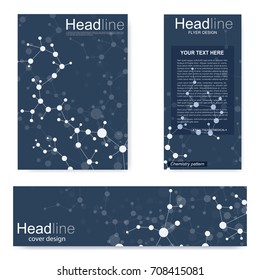 Set flyer, brochure size A4 template,banner. Molecular structure with connected lines and dots. Scientific pattern atom DNA with elements for magazine, leaflet, cover, poster design.