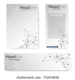 Set flyer, brochure size A4 template,banner. Molecular structure with connected lines and dots. Scientific pattern atom DNA with elements for magazine, leaflet, cover, poster design