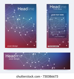Set flyer, brochure size A4 template,banner. Molecular structure with connected lines and dots. Scientific pattern atom DNA with elements for magazine, leaflet, cover, poster design