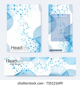 Set flyer, brochure size A4 template,banner. Molecular structure with connected lines and dots. Scientific pattern atom DNA with elements for magazine, leaflet, cover, poster design