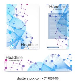Set flyer, brochure size A4 template,banner. Molecular structure with connected lines and dots. Scientific pattern atom DNA with elements for magazine, leaflet, cover, poster design