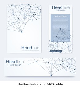Set flyer, brochure size A4 template,banner. Molecular structure with connected lines and dots. Scientific pattern atom DNA with elements for magazine, leaflet, cover, poster design