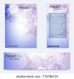 Set flyer, brochure size A4 template,banner. Molecular structure with connected lines and dots. Scientific pattern atom DNA with elements for magazine, leaflet, cover, poster design