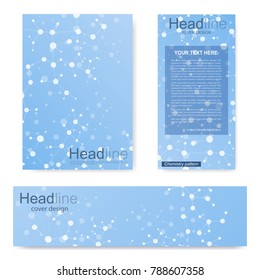 Set flyer, brochure size A4 template,banner. Molecular structure with connected lines and dots. Scientific pattern atom DNA with elements for magazine, leaflet, cover, poster design