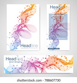 Set flyer, brochure size A4 template,banner. Molecular structure with connected lines and dots. Scientific pattern atom DNA with elements for magazine, leaflet, cover, poster design