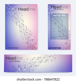 Set flyer, brochure size A4 template,banner. Molecular structure with connected lines and dots. Scientific pattern atom DNA with elements for magazine, leaflet, cover, poster design