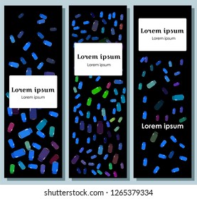Set flyer, brochure template and banner. On a black background multicolored bottles for decoration