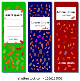 Set flyer, brochure template and banner. On a multucolor background multicolored bottles for decoration