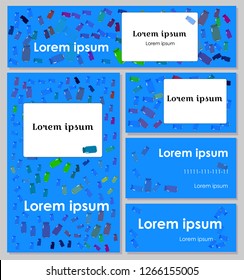 Set flyer, brochure template and banner. On a blue background multicolored bottles for decoration