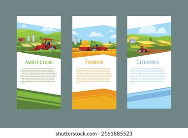 Set of flyer or brochure templates about agriculture, farming and livestock flat style, vector illustration isolated on gray background. Farm field landscapes and tractors, place for text