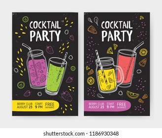 Set of flyer or cocktail party invitation templates with tasty soft drinks or refreshing tropical fruit beverages in jars and glasses with straws. Colored vector illustration for event advertisement.