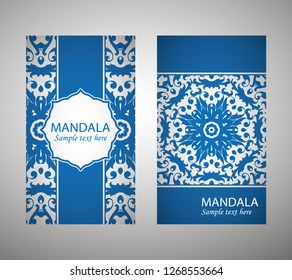 Set of flyer, cover elements of mandala pattern. Oriental motif. Hand painted texture background. Wedding invitations, cards and business templates. Decorative card design printing. Vector EPS 10