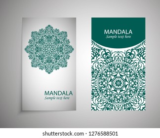 Set of flyer, cover elements of mandala pattern. Oriental motif. Hand painted texture background. Wedding invitations, cards and business templates. Decorative card design printing. Vector EPS 10