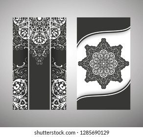 Set of flyer, cover elements of mandala pattern. Oriental motif. Hand painted texture background. Wedding invitations, cards and business templates. Decorative card design printing. Vector EPS 10