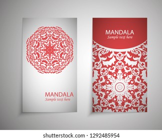 Set of flyer, cover elements of mandala pattern. Oriental motif. Hand painted texture background. Wedding invitations, cards and business templates. Decorative card design printing. Vector EPS 10