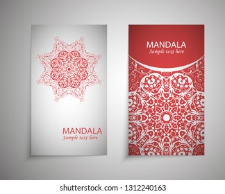 Set of flyer, cover elements of mandala pattern. Oriental motif. Hand painted texture background. Wedding invitations, cards and business templates. Decorative card design printing. Vector EPS 10