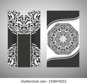 Set of flyer, cover elements of mandala pattern. Oriental motif. Hand painted texture background. Wedding invitations, cards and business templates. Decorative card design printing. Vector EPS 10