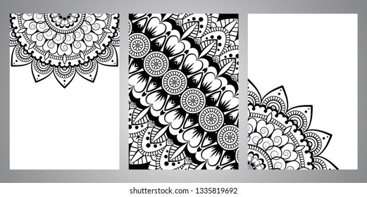 Set of flyer, cover elements of mandala pattern. Oriental motif. Hand painted texture background. Wedding invitations, cards and business templates. Decorative card design printing. Vector EPS 10