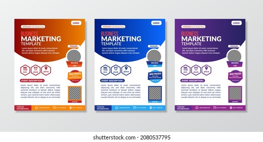 Set of flyer, cover template for Business conference Webinar, Marketing Webinar, and other seminars. with blue, orange and purple background, vector