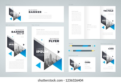 Set flyer cover, tri-fold, banner, roll up banner, business card blue color abstract triangle theme 