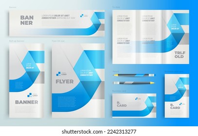 Set flyer cover, tri-fold, banner, roll up banner, business card blue color