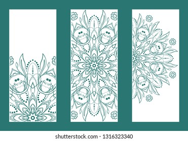 Set of flyer covering elements of mandala drawing. Oriental banner motif Hand painted texture background. Wedding invitations, cards and business templates, web. Card design printing. Vector EPS 10 