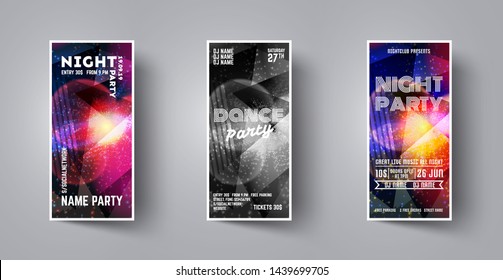 Set flyer for dance night party. Vector template leaflet for dance party club. Minimal colorful backdrop. Club event poster. Invitation poster. Trance fest flyer.  Vector illustration set.