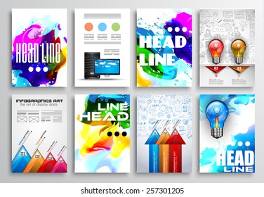 Set of Flyer Design, Infographics Brochure Designs, Technology Backgrounds. Mobile Technologies, Teamworksand statistic Concepts and Applications covers.