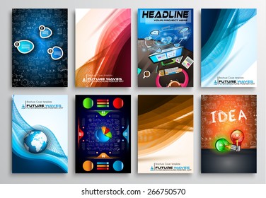 Conjunto de Diseño de Volante, Infografías. Diseños de folletos, fondos tecnológicos. Tecnologías móviles, plantillas web y portadas de estadísticas y aplicaciones.
