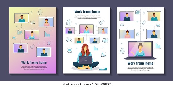 Set Of Flyer Design With People Working From Home. Distance Working And Learning, Online Meeting, Video Conferencing, Communication Concept.  A4 Vector Illustration For Flyer, Banner And Poster.